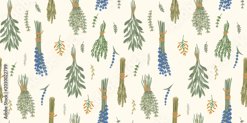Quadro em tela Medicinal herbs, gathering. Seamless pattern. Vector design