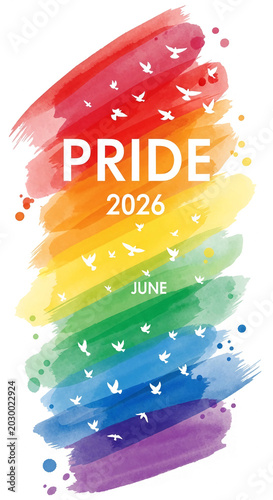 Rainbow watercolor brush strokes with white birds and text 