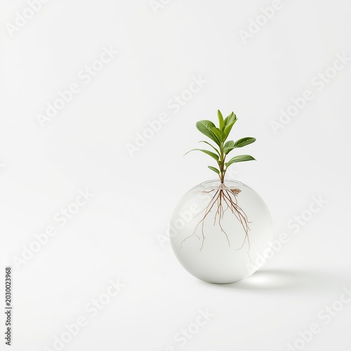 Minimal eco-friendly 3D render featuring a small green plant growing inside a transparent glass sphere on a clean white background with soft natural lighting