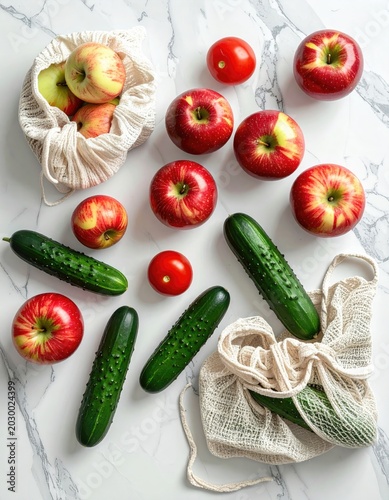 Fresh apples, tomatoes, and cucumbers arranged on a marble surface