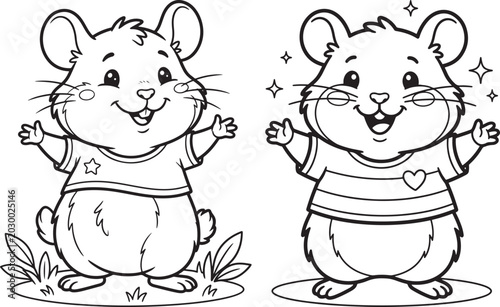 Delightful cartoon hamsters wearing t-shirts cute rodents in clothing line art drawing for kids coloring t shirt clothing