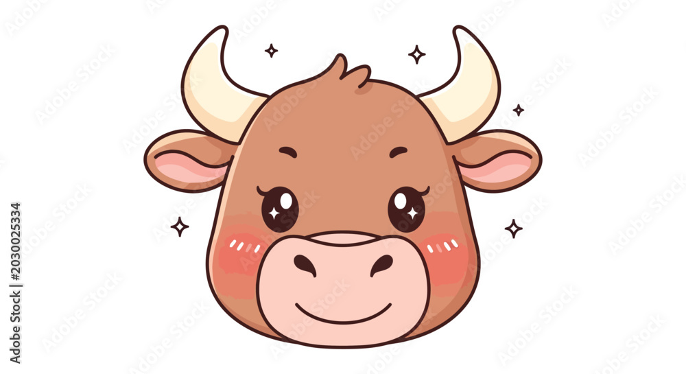 Fototapeta premium Cartoon Brown Cow Face with Happy Expression in Flat Design Style Illustration