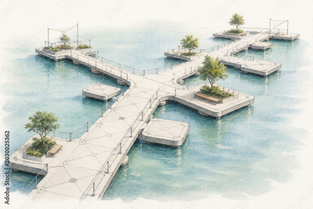 Fototapeta premium Serene waterfront boardwalk tranquil lake digital art calm environment aerial view nature and architecture fusion