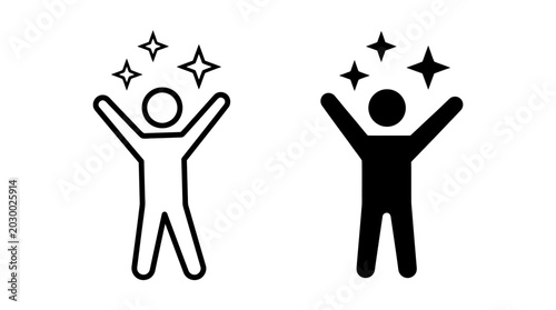 Canvas Print Two stick figures celebrate with arms raised and sparkles around them