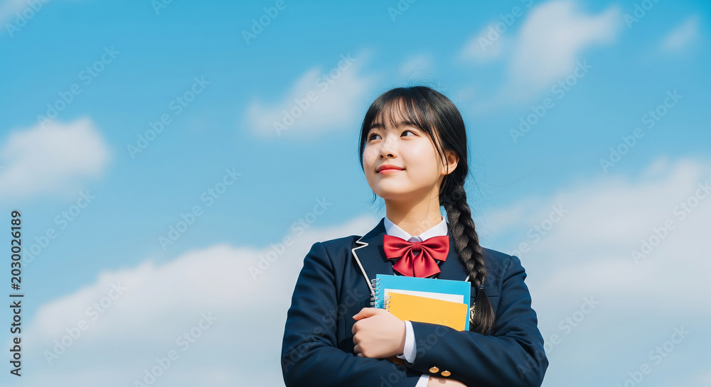 Obraz premium Joyful Asian high school girl standing under a blue sky with textbooks, perfect for educational success and youth concepts
