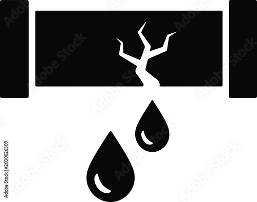 Cracked pipe icon with dripping water symbol for plumbing leak and water damage simple flat vector illustration for repair services