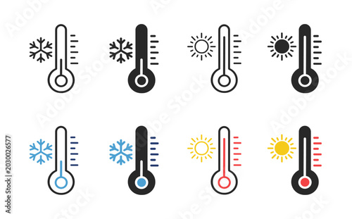 фотографія Thermometer weather icon set with hot cold temperature and seasonal climate symb