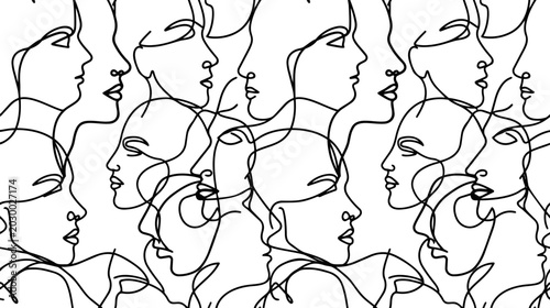 Continuous line art faces seamless pattern. Diverse people profile minimalist vector illustration. Abstract human connection background