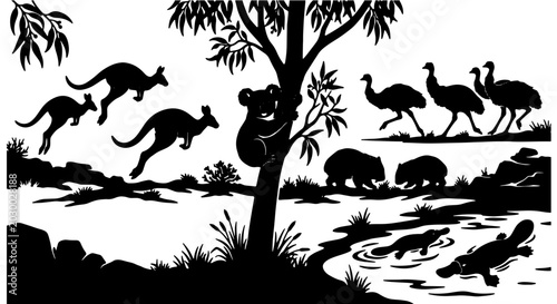 Foto Australian Wildlife Silhouette Collection: Kangaroos, Koala, Emus, Wombats, Plat