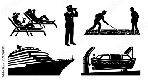 Tableau sur toile Cruise Ship Icons Set: Nautical Voyage, Leisure, Safety, and Crew Vector Graphic