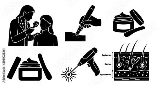 Obraz na płótnie Dermatology and Skin Care Icons Set: Medical Consultation, Laser Treatment, Topi