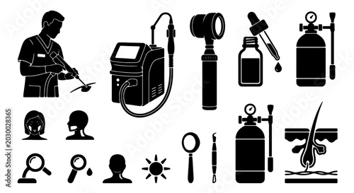 Foto Medical Instruments and Healthcare Icons Set, Dermatology and Otorhinolaryngolog