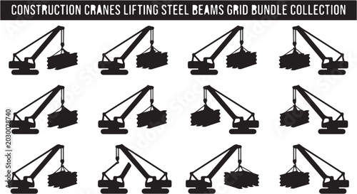 Construction Cranes Lifting Steel Beams Grid.