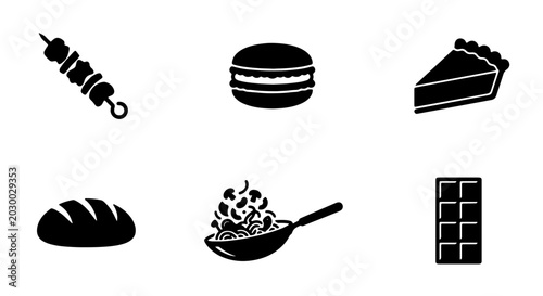 Quadro em tela Six Simple Black Food Icons: Skewer, Macaron, Pie Slice, Bread Loaf, Wok Noodles