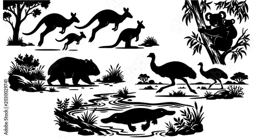 Schilderij op canvas Australian Wildlife Silhouette Collection: Kangaroos, Koalas, Emus, Platypus, Wo