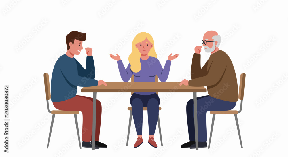 Obraz premium Illustrated meeting with three people sitting at round table discussing business. Flat vector style for corporate presentations, teamwork concept.