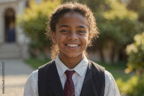 Portrait of happy black school girl wears private school uniform. Young black school girl enjoys sunny day outdoors