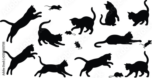 Billede på lærred Set of Cat and Mouse Silhouettes Playing and Hunting Vector Illustration
