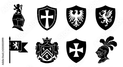 Obraz na płótnie Premium Medieval Heraldry Icons: Knights Helmets, Shields, Crests, and Flags Vector Set