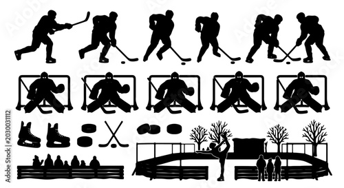 Photography Premium Hockey Player Silhouettes, Goalie Poses, Ice Rink Elements, and Sports Equipment Vector Set