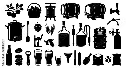 Photos Premium Brewing Equipment Vector Icons Set, Craft Beer Making Tools, Homebrew Su