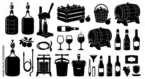 Fotografía Premium Vintage Cider Making Equipment Set, Apple Harvest Tools, Wine Barrels, B