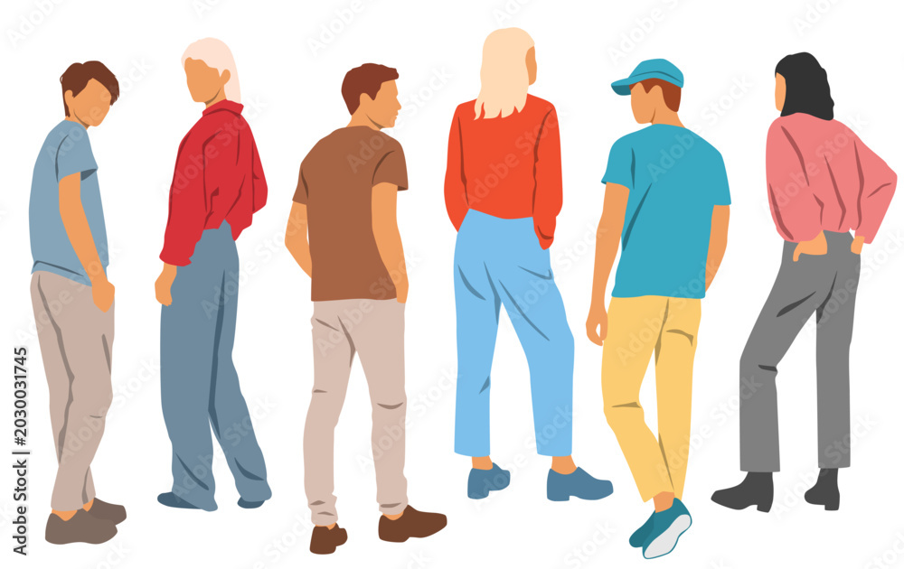 Fototapeta premium Men and women standing, group of people, back view, profile, different colors, cartoon character, silhouettes, summer clothes, flat iconographic design concept, isolated on white background