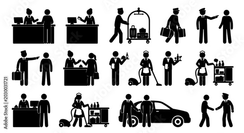 Foto Hotel Staff Icons, Hospitality Service Silhouettes, Concierge, Bellhop, Housekee