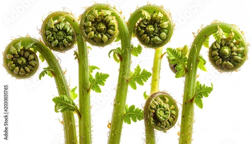 Fresh green fern fronds unfurling in spiral patterns against white background