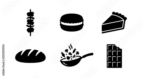 Quadro em tela Food Icons Set: Skewers, Macaron, Pie Slice, Bread Loaf, Stir-fry Pan, Chocolate
