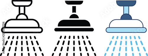 Shower Head Icon Collection with Outline Glyph and Flat Style Bathroom Water Spray Hygiene Equipment Vector Illustration Set