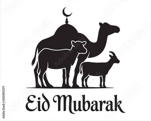 Photos Eid Mubarak with Camel, Sheep, and Goat Silhouette with Eid al Adha Mubarak text