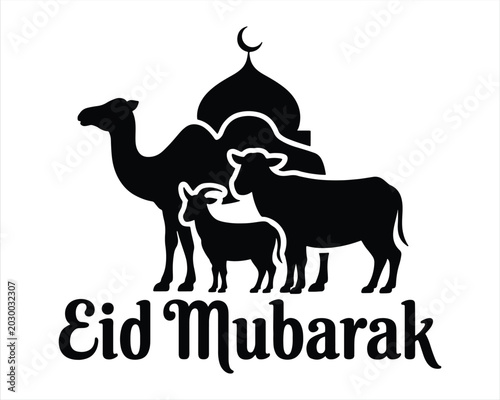Photos Eid Mubarak with Camel, Sheep, and Goat Silhouette with Eid al Adha Mubarak text
