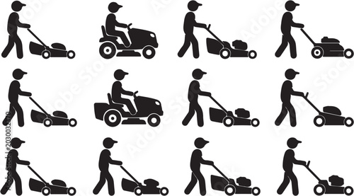 Tableau sur toile Silhouettes of people pushing lawn mowers.