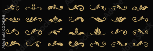 Flourishes Calligraphic Ornaments with Gold Vintage Decorative Elements, Baroque Arabesque Filigree and Victorian Floral Leaf Patterns