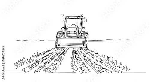 Tractor plowing a field one line drawing. Continuous line minimalist vector illustration of agriculture and farming concept. Isolated on white background