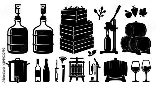 Obraz na płótnie Winemaking Equipment Icons Set, Vintage Beverage Production Tools, Fermentation