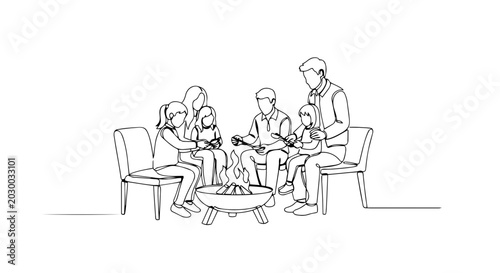 Family roasting marshmallows around a fire pit. One line drawing minimalist vector illustration. Outdoor gathering and camping concept