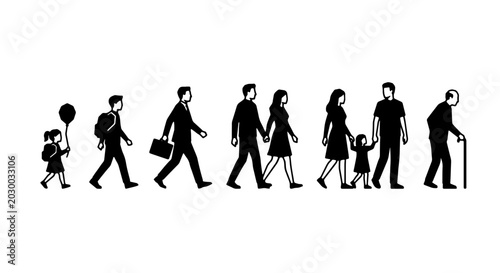 Bild auf Leinwand Human Life Cycle Progression, Family Stages, Childhood to Old Age, Silhouette Ic
