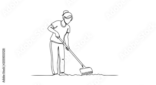 Woman raking soil in garden. One line drawing vector illustration. Minimalist spring gardening concept. Continuous line art isolated on white