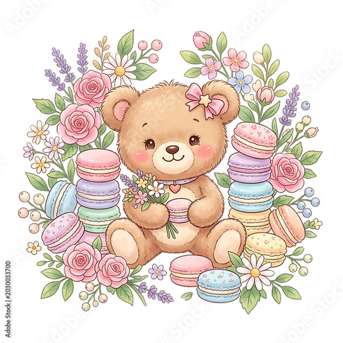 Floral Teddy Bear and Macarons Watercolor Artwork