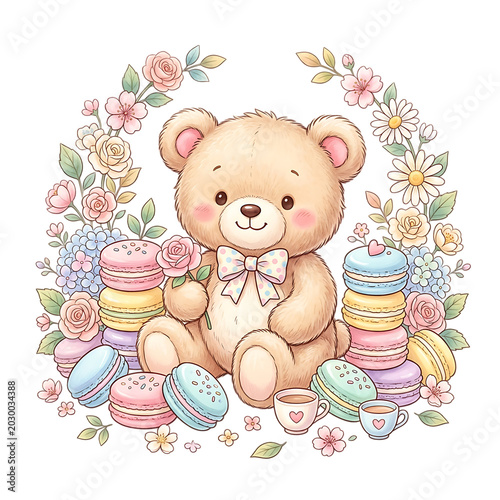 Cute Teddy Bear with Macarons Watercolor Illustration