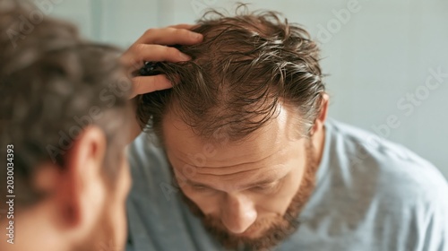 Close-up View of Man Observing Bald Spot in Mirror During Morning Routine in Bathroom With Natural Lighting