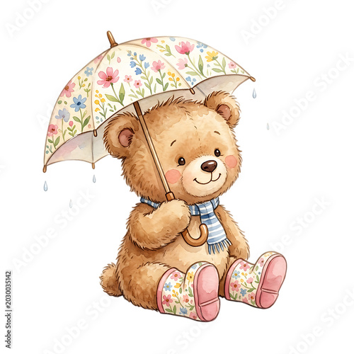 Teddy Bear with Floral Umbrella Watercolor Illustration