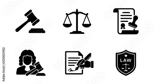 Foto Law Icons Set: Justice, Gavel, Scales, Document, Judge, Shield