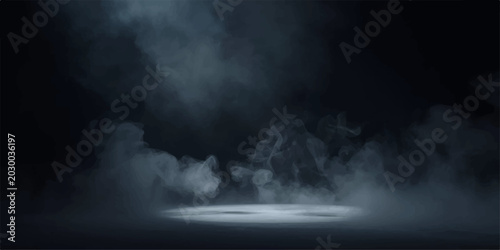 Foto Dark storm clouds lower over the misty river water as a moody blue cloudscape fi