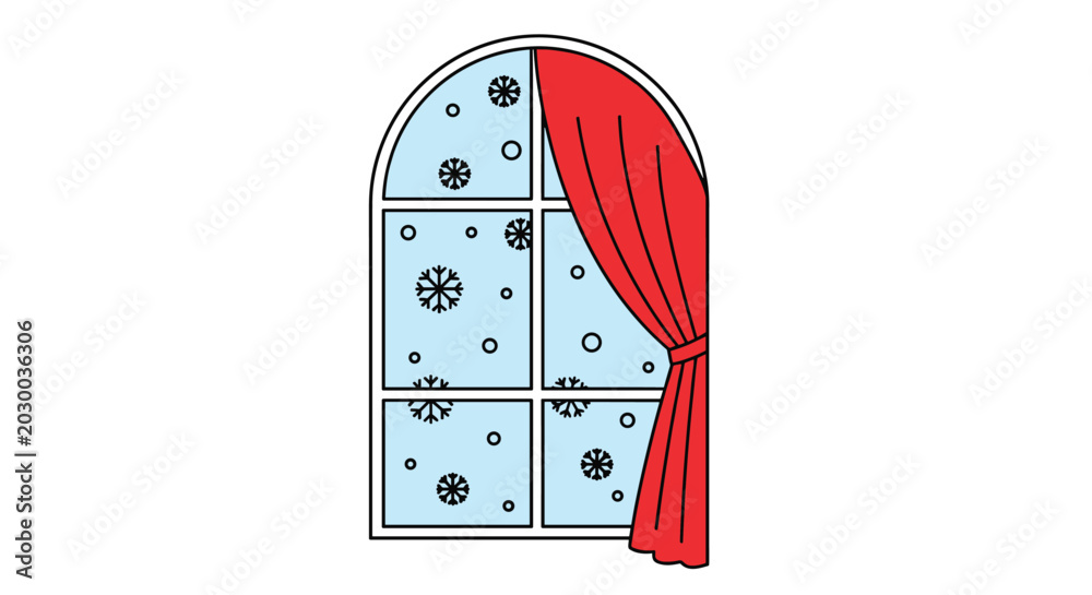 Fototapeta premium Arched window frame with a single red curtain on the right side looking out onto a cold winter day with falling snowflakes.