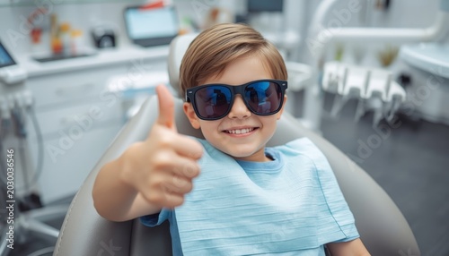 There is a little boy that is sitting in a dental chair giving a thumbs up