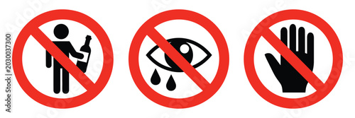 Prohibited Warning Symbols Vector Set Featuring No Child Entry, No Water Contact and Stop Hand Safety Signs on White Background