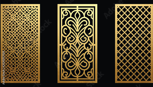 golden decorative laser cut panels with intricate patterns, interior